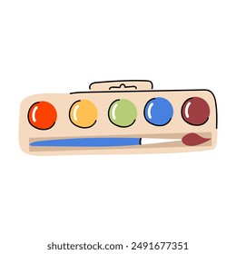 Cute simple watercolor paint palette.Paintbox with a brush. Painting and drawing tool. Watercolour kit.