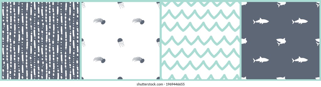 Cute simple Waves, bubbles, sharks, jellyfish. Set of four Vector silhouette seamless patterns in white, blue colors