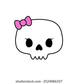 Crânio branco simples bonito com design de ilustração de fita rosa sobre fundo branco. Ícone do Halloween.