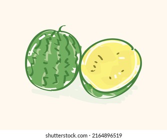 Cute simple whole and sliced cantaloupe fruit in flat vector illustration art design