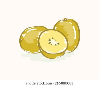 Cute einfache Ganze und geschnitten gelbe Kiwis in kartoonisch Vektorgrafik Design Kunst-Design