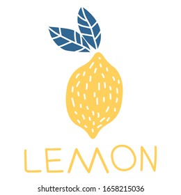Cute simple yellow lemon with blue leaves on a white background.