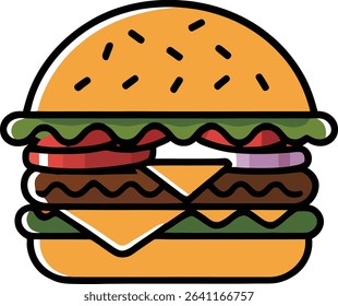 A cute, simplified illustration of a small burger with bun, patty, cheese, and lettuce, designed in a friendly flat style. Perfect for food apps, restaurant menus, dietary guides, or casual dining