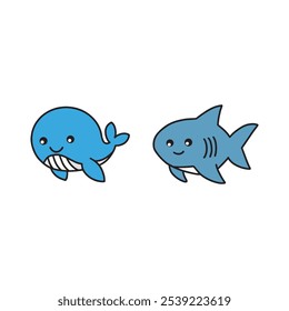 Cute, simplistic cartoon illustration of a blue whale and a shark on a white background