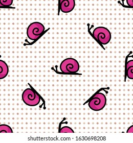 Cute simply stylized snail seamless vector pattern. Hand drawn mollusk insect on polka dot background. Garden pest home decor. Pink, spiral, nature, bug all over print. 