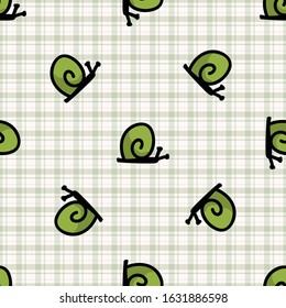 Cute simply stylized snail seamless vector pattern. Hand drawn mollusk insect on gingham background. Garden pest home decor. Green, spiral, nature, bug all over print. 