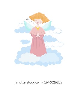 Cute singing Angel in the sky isolated on a white background. Vector illustration of an Angel singing melodies and songs with praying hands.