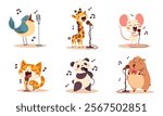Cute singing animals. Bird kitten hamster panda giraffe mouse singers sing into the microphone. Set of flat vector illustrations in simple children's style, white background 