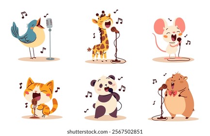 Cute singing animals. Bird kitten hamster panda giraffe mouse singers sing into the microphone. Set of flat vector illustrations in simple children's style, white background 