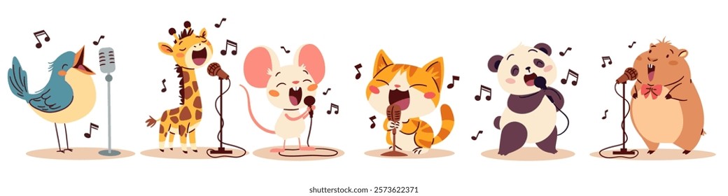 Cute singing animals. Bird kitten hamster panda giraffe mouse singers sing into the microphone. Set of flat vector illustrations in simple children's style, white background 