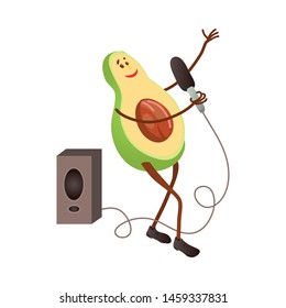 Cute singing avocado character with microphone and big speaker