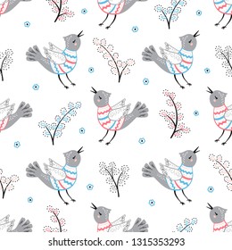Cute Singing Bird with Branches of Willow Seamless Pattern. Spring Little Songbird Background for Kids. Cartoon Animal Scandinavian Design Vector Illustration