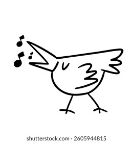 cute singing bird doodle with music notes. Vector hand drawn illustration isolated on white background.