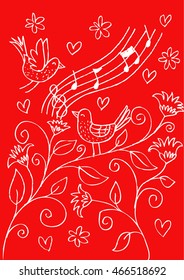 Cute singing bird on a branch. Sketchy style.