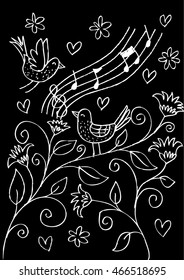 Cute singing bird on a branch. Sketchy style.
