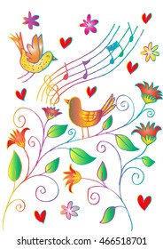 Cute singing bird on a branch. Sketchy style.