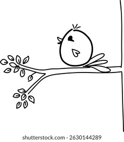 Cute Singing Bird on Tree Branch - Minimal Line Drawing with Heart Eye