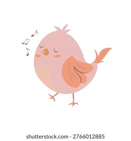 Cute singing bird vector illustration, kawaii cartoon chick with music notes, spring songbird character, adorable animal