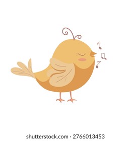 Cute singing bird vector illustration, kawaii cartoon yellow songbird with music notes, cheerful spring animal character