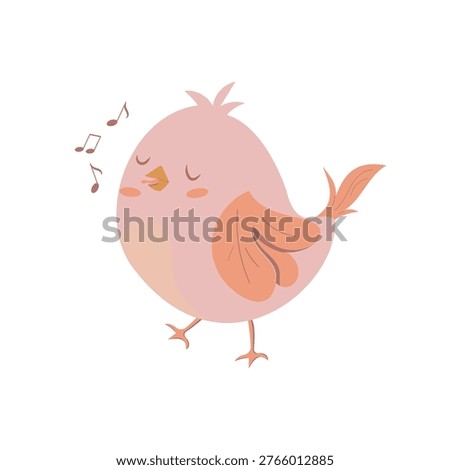 Cute singing bird vector illustration, kawaii cartoon chick with music notes, spring songbird character, adorable animal