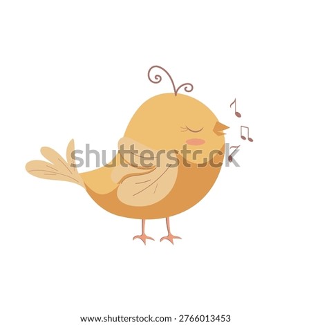 Cute singing bird vector illustration, kawaii cartoon yellow songbird with music notes, cheerful spring animal character