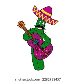 Cute singing cactus musician with guitar and sombrero, doodle style vector