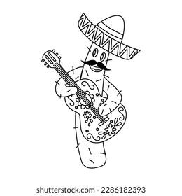 Cute singing cactus musician with guitar and sombrero, doodle style vector outline for coloring book