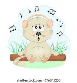 Cute singing cat cartoon character vector illustration. Pretty kitten in headphones sits on a log.
