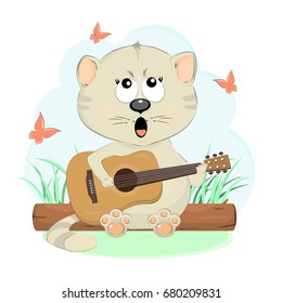 Cute singing cat with guitar cartoon character vector illustration. Pretty kitten sings a guitar on a log.