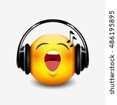 Cute singing emoticon with black headset, emoji, smiley - vector illustration