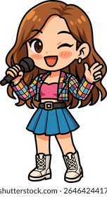Cute Singing Girl Cartoon with Brown Wavy Hair, Pink Tank, Plaid Shirt, Blue Skirt, V-Sign