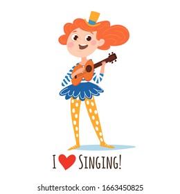 Cute singing girl cartoon vector character play guitar and sing a song. Circus girl with a singing perfomance. 