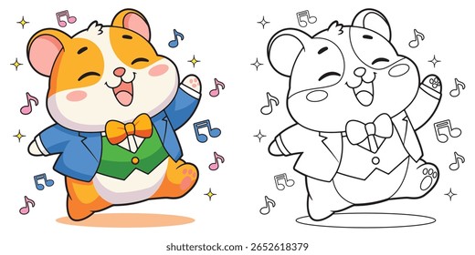 Cute singing hamster coloring page wearing a party suit with musical notes around. Main object and background are separated, perfect for kids' fun activities.