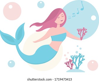 cute singing mermaid with corals, sea bottom, bubbles, children's illustration, coloring