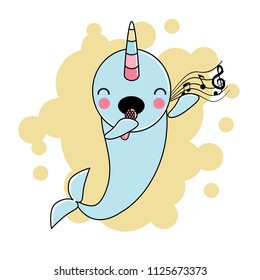 Cute singing Narwhal on yellow Background