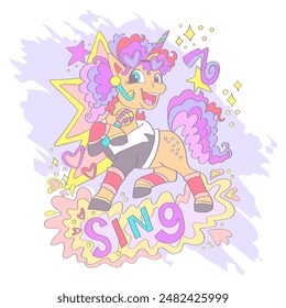 Cute singing unicorn. Sing lettering. Vector illustration in trendy pastel colors. Cartoon character. Birthday concept. Postcards and stickers design. For print, t shirt, clothes design and kids goods