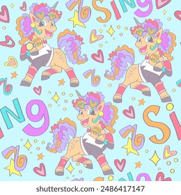 Cute singing unicorns with curly mane, lettering Sing. Seamless pattern. Vector cartoon illustration. Fairy tale design nursery art. For print, design, wallpaper, linen, fabric, children room design