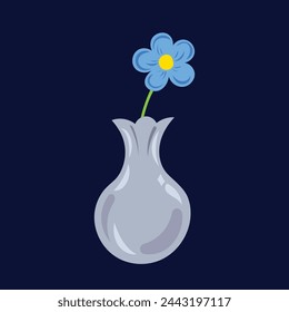 Cute single blue and yellow flower inside gray colored vase doodle vector illustration isolated on square dark blue background. Simple flat cartoon art styled drawing.