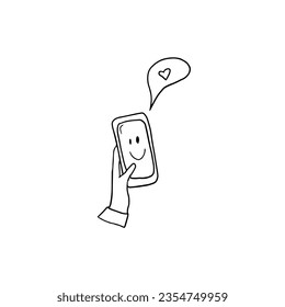 Cute single business element of phone in hand in doodle style. Friendship clipart. Great for greeting cards, menu, posters, stickers and seasonal design. Hand drawn.