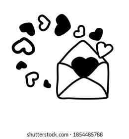 Cute single Doodle icon of an envelope and a swirl of hearts. Hand-drawn vector illustration. for greeting cards, posters, stickers, seasonal design. Isolated on a white background. Valentine's mail.