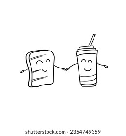 Cute single element of beverage and bread in doodle style. Great for greeting cards, menu, posters, stickers and seasonal design, friendship clipart. Hand drawn.