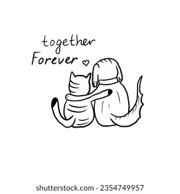 Cute single element of cat and dog hugging in doodle style. Friendship clipart. Great for greeting cards, menu, posters, stickers and seasonal design. Hand drawn.