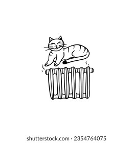 Cute single element of cat and heater in doodle style. Friendship clipart. Great for greeting cards, menu, posters, stickers and seasonal design. Hand drawn.