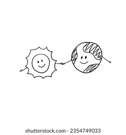 Cute single element of earth and sun in doodle style. Great for greeting cards, menu, posters, stickers and seasonal design, friendship clipart. Hand drawn.