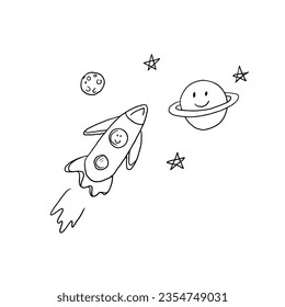 Cute single element of rocket and space in doodle style. Great for greeting cards, menu, posters, stickers and seasonal design, friendship clipart. Hand drawn.