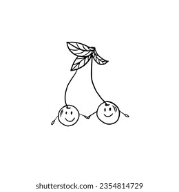 Cute single element of two cherries holding hands in doodle style. Friendship clipart. Great for greeting cards, menu, posters, stickers and seasonal design. Hand drawn.