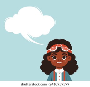 Cute single girl character vector flat cartoon illustration with speech bubble editable template.