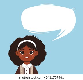 Ilustración de dibujos animados planos de carácter de una sola chica con plantilla editable de burbuja de voz.