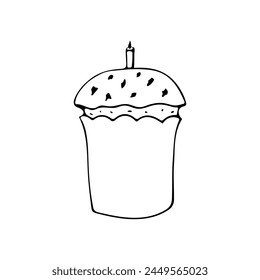 Cute single hand drawn doodle Easter cake with decoration, candle. Vector illustration in line minimalistic style. Element for greeting cards, posters, stickers and seasonal design. Isolated on white.