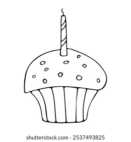 Cute single hand drawn doodle cupcake, muffin with candle. Vector black line clip art in simple style. Element for greeting cards, posters, stickers and birthday design. Isolated on white.